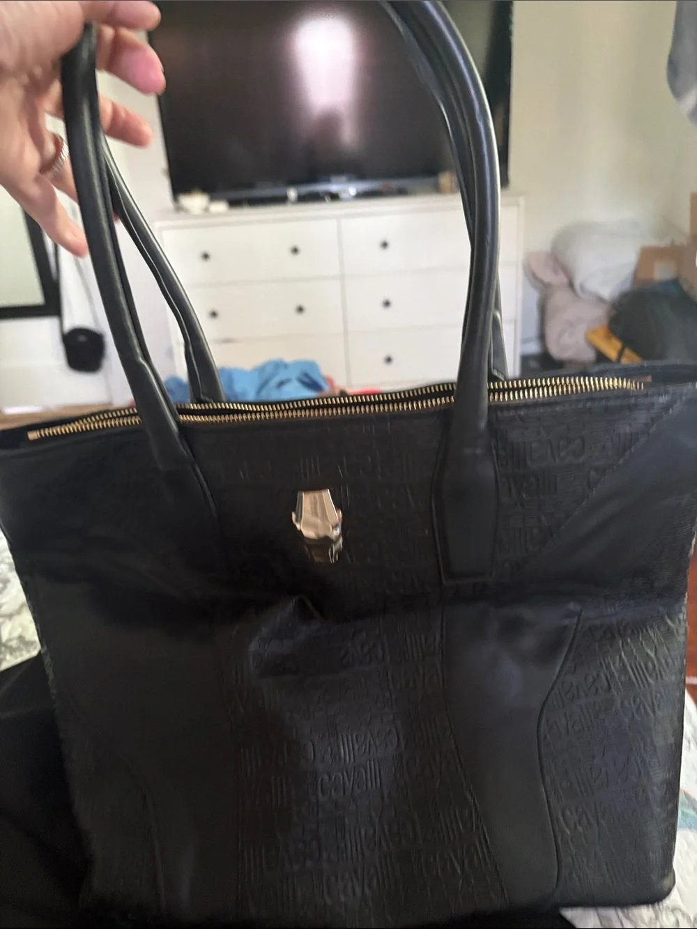 Roberto Cavalli Black Women's Tote Bag with Embossed Logo and Gold Hardware
